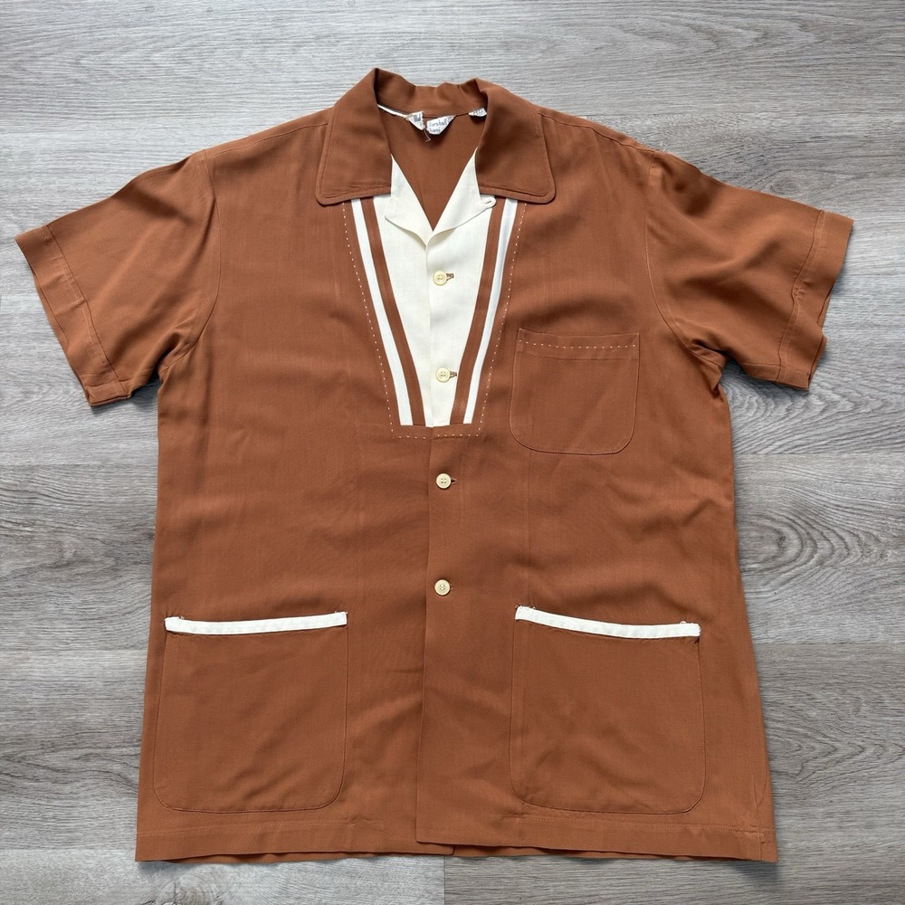Vintage 50s Mal Marshall Two Tone Rayon Gabardine Loop Collar Shirt M Rockabilly